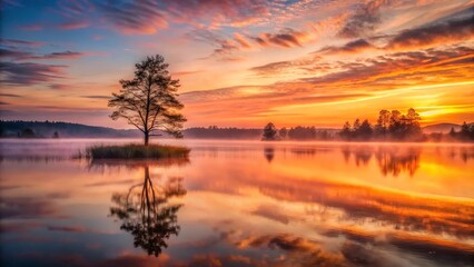 Obraz premium Serene Sunrise Over Still Waters, Reflecting a Solitary Tree on a Misty Island