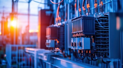 Electrical Equipment in Urban Substation at Sunset Glow