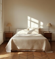Sunlit bedroom with beige bedding