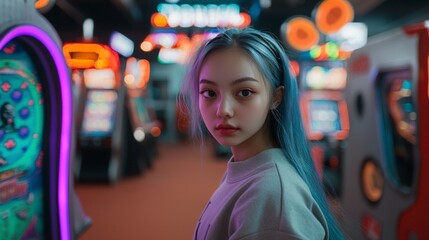 Obraz premium Young Woman in Neon Arcade Bright Lights Fun Entertainment