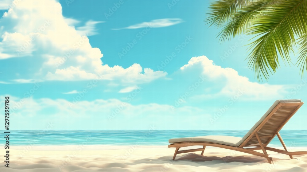 Poster relaxing beachside lounge chair under palm trees and blue sky next to calm ocean waves in tropical p