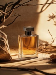 Perfume bottle with blank brand name on desert-inspired background