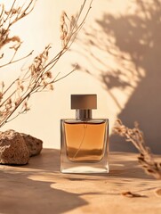 Perfume bottle with blank brand name on desert-inspired background