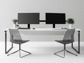 Modern workspace with dual monitors, minimalist design, plants, and white table