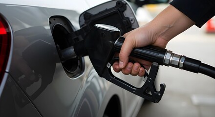 A close-up view of a person's hand holding a gasoline pump nozzle while refueling a car. The metallic nozzle is inserted into the vehicle's fuel tank, with a black rubber hose attached. The car's glos