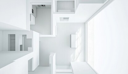 Fototapeta premium Top-down view modern white minimalist interior design, with spacious rooms and large windows