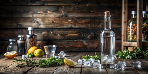 A chilled vodka bottle sits atop a rustic wooden table, surrounded by an assortment of glassware and garnishes for a sophisticated evening gathering , drink station, glasses