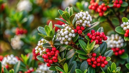 Obraz premium Low-growing evergreen shrub with small white flowers and red berries in a South African garden, evergreen, nature