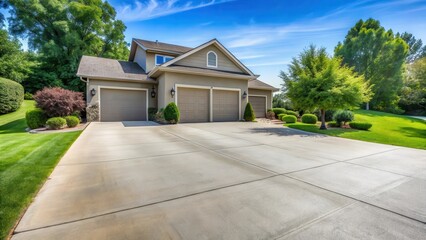 A well-maintained smooth concrete driveway in a suburban neighborhood of Des Moines, Iowa, with a clear view of the surrounding trees and houses , garage, des moines