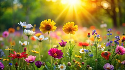 Fototapeta premium Sunlit wildflowers unfurl their petals in the warm spring breeze amidst a tapestry of lush greenery and vibrant blooms in a serene and idyllic meadow setting , blooming, flowers