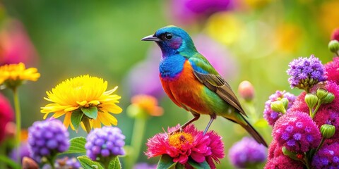 A brightly colored bird sits atop a radiant bloom, surrounded by lush green foliage and a tapestry of wildflowers in full hue , colorful bird, nature