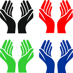 A collection of four unique hand icons in two-tone solid colors, representing care, support, and creativity. Ideal for branding, healthcare, and charity designs
