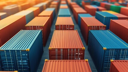 Fototapeta premium Aerial view of a shipping yard filled with colorful containers, showcasing an organized and busy logistics environment.