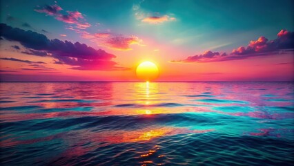 Fototapeta premium Retro neon lights reflecting on a calm summer ocean at sunset