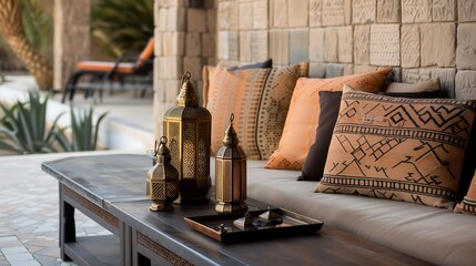 A Moroccan-inspired lounge with intricate mosaic tiles, vibrant patterned cushions, and ornate brass lanterns, creating a rich and exotic atmosphere.
