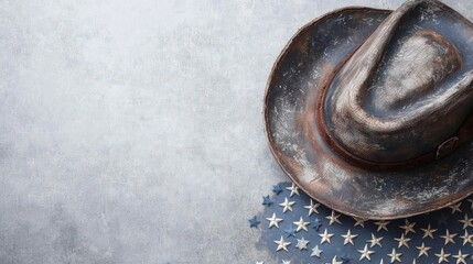 Weathered Cowboy Hat on American Flag Stars Background