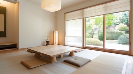 Fototapeta premium A traditional Japanese tatami room with sliding shoji doors, low wooden furniture, and soft neutral color palettes, promoting harmony and simplicity.