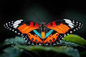 Naklejka premium Colorful butterfly with vibrant wings perched on dew-covered leaf in natural habitat