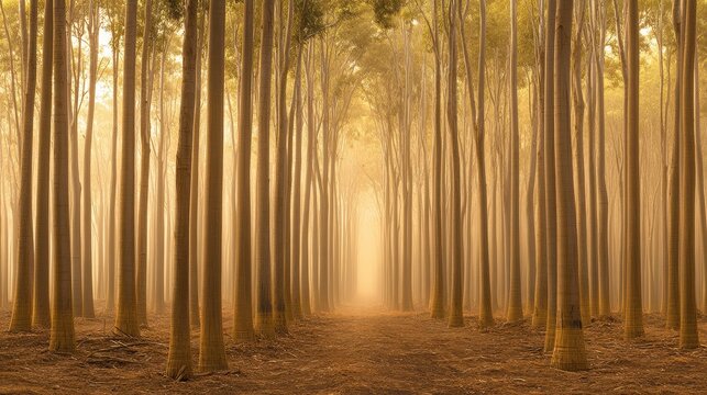 Misty Forest Pathway Surrounded by Tall Eucalyptus Trees