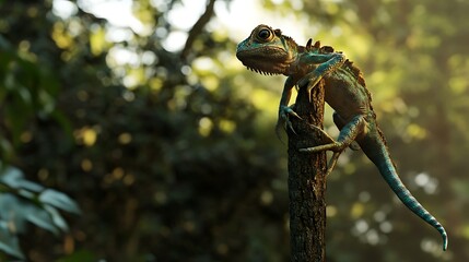 Fototapeta premium Lizard with vibrant blue and green scales perched on a weathered wooden branch surrounded by lush greenery and soft sunlight filtering through foliage
