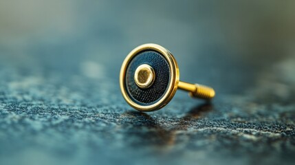 Elegant Brass and Black Round Cufflink Macro Product Shot on Textured Blue Surface
