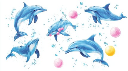 Fototapeta premium A whimsical watercolor scene features a playful blue dolphin, sporting a vibrant pink ball in its mouth, gracefully gliding right against a serene azure backdrop