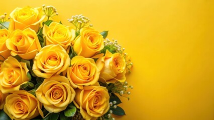 A beautifully arranged bouquet of yellow roses sits atop a yellow flat background