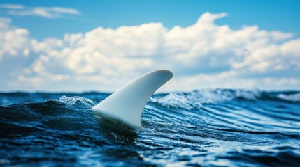 Fototapeta premium Shark Fin Emerging from Ocean Waves Under a Blue Sky