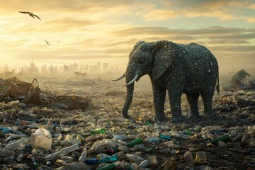 Fototapeta premium Majestic Elephant Sculpture Made Entirely of Plastic Bottles in a Landfill Scene