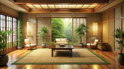 Fototapeta premium Traditional Asian-style living room with a natural green bamboo mat flooring and wooden furniture, warm lighting and plants surrounding it, traditional interior, warm lighting