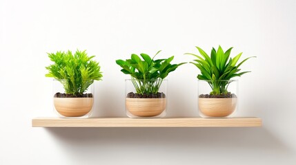 Three vibrant indoor plants in glass pots on a wooden shelf against a minimalist background