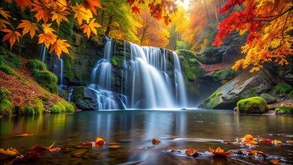 Naklejka premium Autumn Leaves Surrounding a Serene Waterfall, nature, outdoor, nature, outdoor