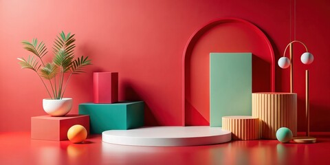 Minimalist product display on a red studio background