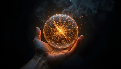 A hand holding a glowing sphere in a dark background. The sphere is surrounded by a glowing light that creates a sense of mystery and wonder