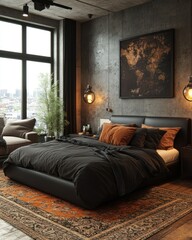 Modern industrial bedroom interior with large window, cozy bed, and stylish decor elements