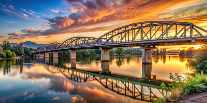 Bridge over scenic Willamette River in Corvallis Oregon at sunset