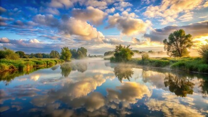 Fototapeta premium clouds gather over serene river, tranquil nature, gentle mist
