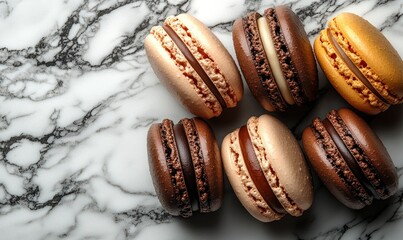 Assorted Macarons on Marble Surface, Colorful French Pastries Perfect for Desserts