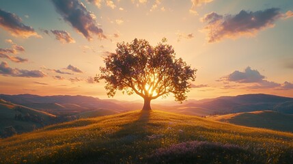Silhouette of a Tree on a Hilltop at Sunset