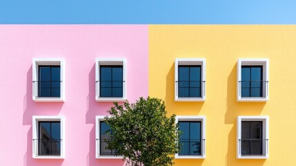 Fototapeta premium Minimalist building facade with pink and yellow walls features symmetrical white-framed windows under a clear blue sky.