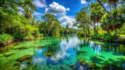 Dense foliage and vibrant greenery surrounded by crystal-clear waters in a serene Florida wetland setting, florida wetlands, calming atmosphere