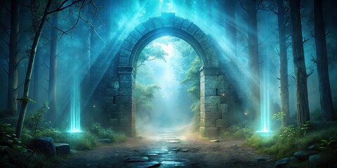 Ancient archway with glowing runes and misty aura leading to an otherworldly gateway
