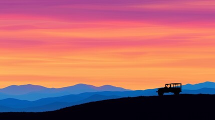 Silhouette Of A Vehicle At Sunset Over Blue Mountains