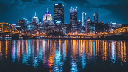 Fototapeta premium city skyline at night with lights reflecting on the river