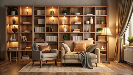 Warmly lit living room with a large bookshelf and plush armchair, surrounded by soft blankets and pillows in neutral tones , armchair, relaxation