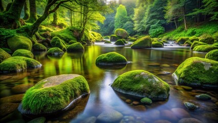 Ancient stones surrounded by lush green moss, partially submerged in a serene riverbed, creating a sense of stillness and connection with nature , organic textures, calming atmosphere