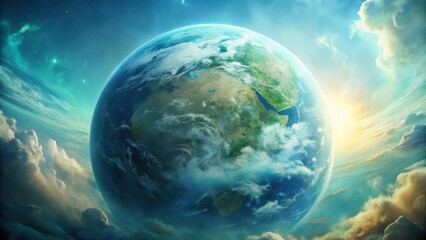 A close-up view of a textured, dreamy planet Earth rendered in soft blues and greens