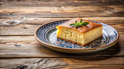 Ancient Greek dessert plate with Revani cake on wooden table , Revani, dessert