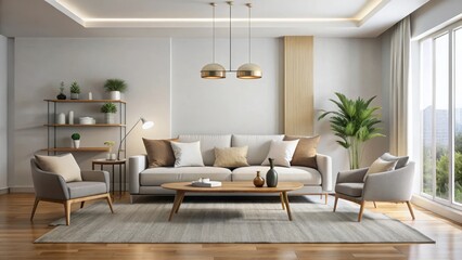 Modern living room with neutral tones, minimalist decor, and empty space