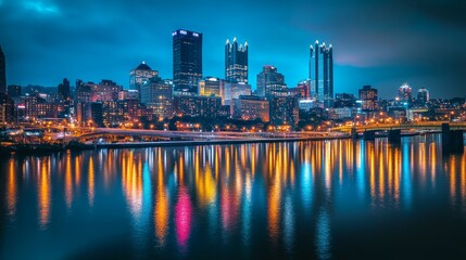 Naklejka premium city skyline at night with lights reflecting on the river